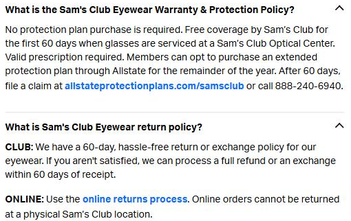 Sam's Club help page with its eyewear warranty of free coverage for 60 days and its 60-day return or exchange policy for eyewear bought in club