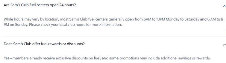 Sam's Club fuel page FAQ saying most fuel centers open 6 a.m. to 10 p.m. Monday to Saturday and 6 a.m. to 8 p.m. on Sunday, and that members receive exclusive fuel discounts