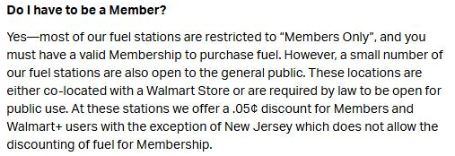 Sam's Club help page saying most fuel stations are members only, with some open to the public and a 5 cent discount there for members and Walmart+ users, except in New Jersey
