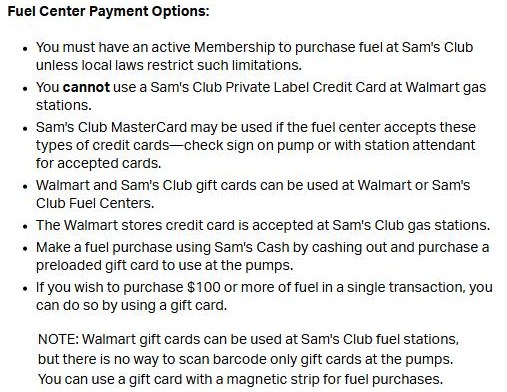 Sam's Club fuel center payment options, including the Sam's Club Mastercard, Walmart and Sam's Club gift cards, the Walmart store credit card and a way to use Sam's Cash through a preloaded gift card