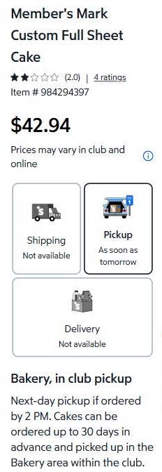 Sam's Club listing for the Member's Mark Custom Full Sheet Cake at $42.94, with pickup only and next-day pickup for orders placed by 2 PM