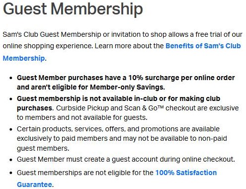 Sam's Club help page on guest membership: guest purchases carry a 10% surcharge per online order, aren't eligible for member-only savings, can't be used in club, and can't use Curbside Pickup or Scan and Go