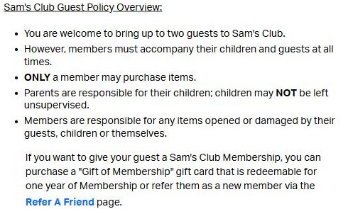 Sam's Club guest policy saying members can bring up to two guests, must accompany them at all times, and that only a member may purchase items