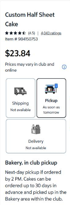 Sam's Club listing for the Custom Half Sheet Cake at $23.84 with a 4.5 star rating, pickup as soon as tomorrow, and next-day pickup for orders placed by 2 PM