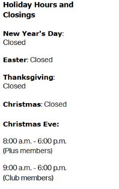 Sam's Club holiday hours and closings, listing New Year's Day, Easter, Thanksgiving and Christmas as closed and Christmas Eve hours ending at 6 p.m.