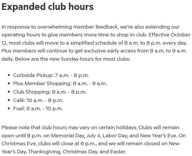 Sam's Club news release saying most clubs moved to 8 a.m. to 8 p.m. every day on October 12, Plus members keep exclusive access from 8 a.m. to 9 a.m. daily, and listing new Sunday hours for curbside, Plus, Club shopping, the Cafe and fuel