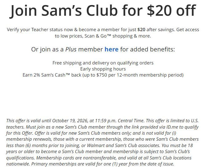 ID.me offer page for teachers headlined Join Sam's Club for $20 off, saying teachers become members for $20 after savings, with the offer valid until October 19, 2026