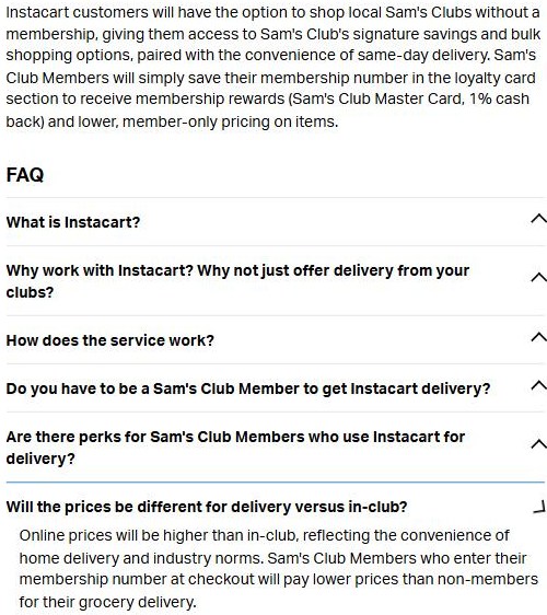 Sam's Club help page saying Instacart customers can shop local Sam's Clubs without a membership, that Instacart prices are higher than in club, and that members who enter their number pay lower prices