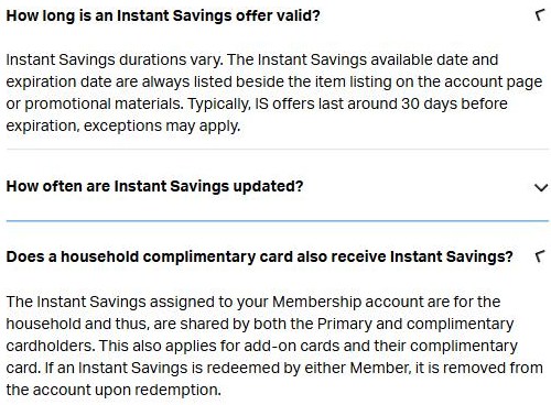 Sam's Club Instant Savings FAQ saying offers typically last around 30 days with dates beside each listing, and that a membership's Instant Savings are shared by the primary and complimentary cardholders