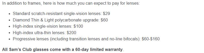 Clark.com list of Sam's Club lens prices, from $29 scratch-resistant single-vision lenses to $200 high-index ultra-thin lenses, with progressives at $60 to $160