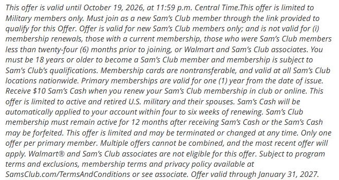 ID.me fine print from the Sam's Club military offer window that ended October 19, 2026, showing that end date, the new member rules and the $10 Sam's Cash renewal offer for active and retired military and spouses through January 31, 2027