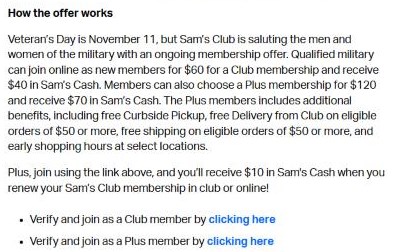 Sam's Club military help page saying qualified military can join online for $60 for Club and receive $40 in Sam's Cash, or $120 for Plus and receive $70 in Sam's Cash, with $10 in Sam's Cash at renewal