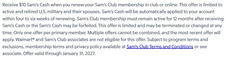 Sam's Club terms for $10 Sam's Cash on renewal for active and retired U.S. military and spouses, valid through January 31, 2027