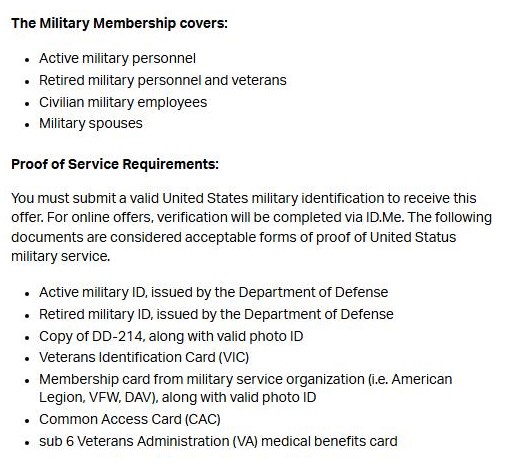 Sam's Club military help page saying the military membership covers active military, retired military and veterans, civilian military employees and military spouses, followed by its proof of service list, which includes Defense Department military IDs, a DD-214 with photo ID and a Common Access Card