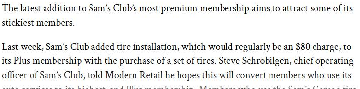 Modern Retail article reporting that Sam's Club added tire installation, regularly an $80 charge, to Plus membership with the purchase of a set of tires