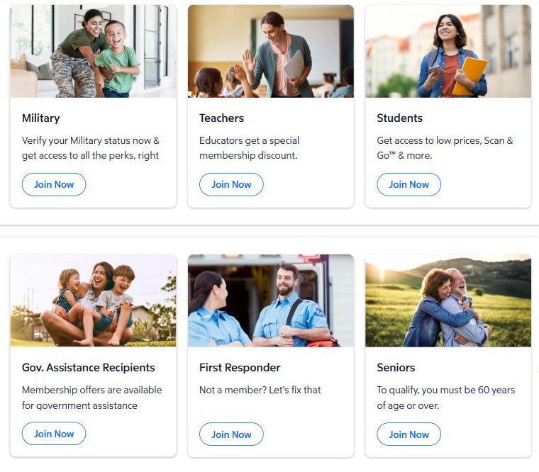 Sam's Club membership offers page with cards for military, teachers, students, government assistance recipients, first responders and seniors 60 and older