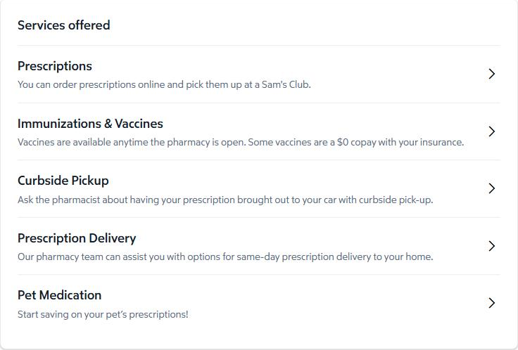 Sam's Club pharmacy services list with prescriptions, immunizations and vaccines, curbside pickup, prescription delivery and pet medication