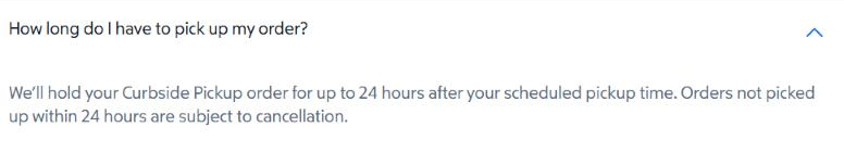 Sam's Club answer saying Curbside Pickup orders are held for up to 24 hours after the scheduled pickup time