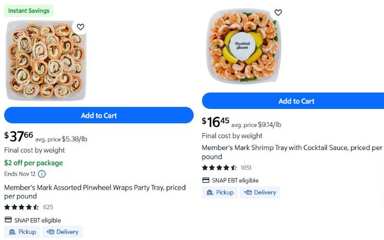 Sam's Club listings for the Assorted Pinwheel Wraps Party Tray at $37.66 with $2 off per package through November 12, and the Shrimp Tray with Cocktail Sauce at $16.45