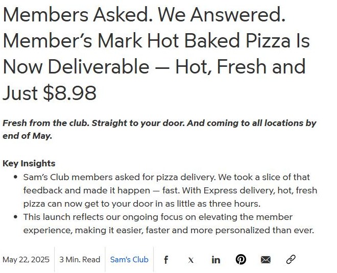 Sam's Club news release from May 22, 2025 announcing that Member's Mark Hot Baked Pizza is now deliverable for $8.98, with Express delivery in as little as three hours