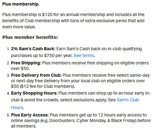 Sam's Club help page listing Plus membership at $120 a year with 2% Sam's Cash up to $750, free shipping, free delivery from club, early shopping hours and Plus Early Access