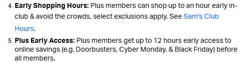 Sam's Club benefits page listing Early Shopping Hours, up to an hour early in club with select exclusions, and Plus Early Access, up to 12 hours early access to online savings such as Doorbusters, Cyber Monday and Black Friday