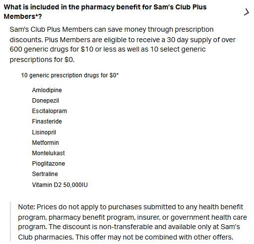 Sam's Club Plus pharmacy FAQ listing 600 generics for $10 or less and 10 generics for $0, including amlodipine, lisinopril, metformin and sertraline
