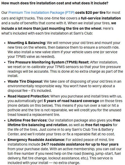 Sam's Club help page explaining the $20 per tire Premium Tire Installation Package: mounting and balancing, TPMS reset, tire disposal, 5 years of road hazard coverage, lifetime rotation and flat repair, and 24/7 roadside assistance for up to four years