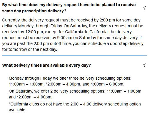 Sam's Club prescription delivery help page saying same-day requests are due by 2 p.m. on weekdays and noon on Saturday, with delivery windows from 11 a.m. to 6 p.m.