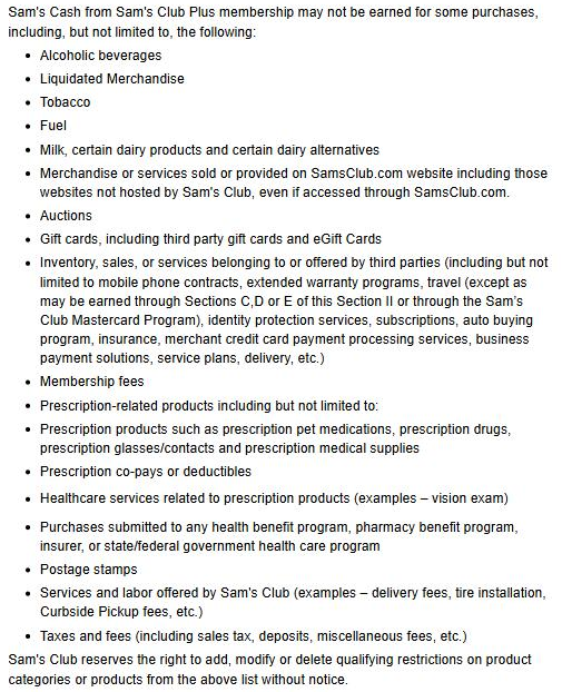Sam's Club terms listing purchases that don't earn Plus Sam's Cash, including alcohol, tobacco, fuel, milk and certain dairy products, SamsClub.com orders, gift cards, prescriptions and services such as tire installation