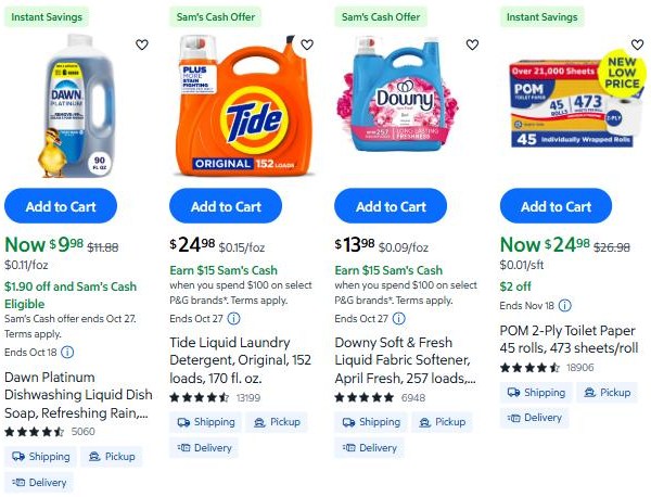Sam's Club savings page showing Dawn dish soap with an Instant Savings price and Sam's Cash eligibility, Tide and Downy with an offer to earn $15 Sam's Cash on $100 of P&G brands, and POM toilet paper at $24.98 after $2 off