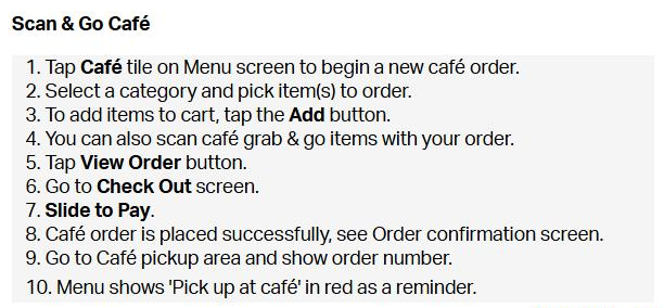 Sam's Club help page listing the Scan and Go steps for placing a Cafe order, paying in the app and picking it up at the Cafe
