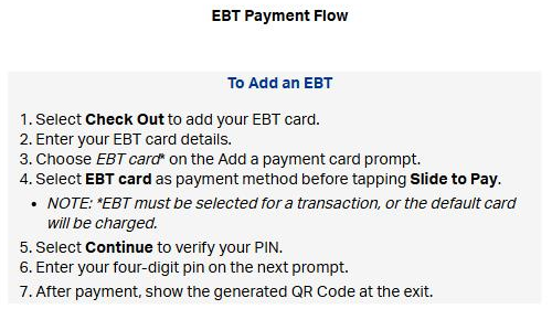 Sam's Club Scan and Go help page with the EBT payment steps, warning that EBT must be selected or the default card will be charged