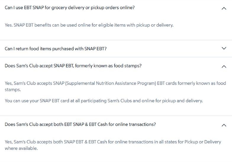 Sam's Club SNAP EBT page answers saying SNAP EBT benefits can be used online for eligible items with pickup or delivery, and that SNAP EBT and EBT Cash are accepted for online pickup or delivery orders in all states where available