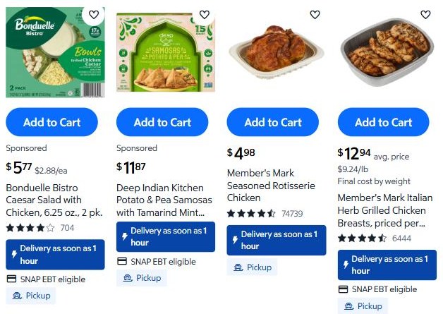 Sam's Club prepared meals listings where a salad, samosas and grilled chicken breasts are tagged SNAP EBT eligible but the $4.98 hot rotisserie chicken has no tag