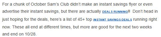 Southern Savers post from October 14, 2026 saying Sam's Club didn't make an Instant Savings flyer for a chunk of October but deals were running, ending at different times and many on October 28
