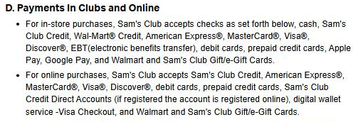 Sam's Club terms listing in-store payment methods that now include Apple Pay and Google Pay, and online payment methods that name cards, Visa Checkout and gift cards but not Apple Pay