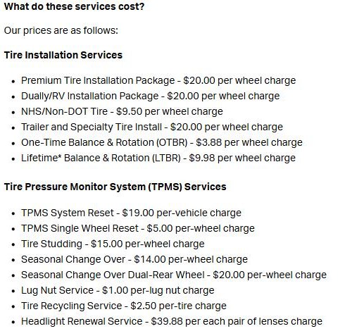 Sam's Club help page listing tire center prices, including the $20 Premium Tire Installation Package, $3.88 one-time balance and rotation and $9.98 lifetime balance and rotation per wheel