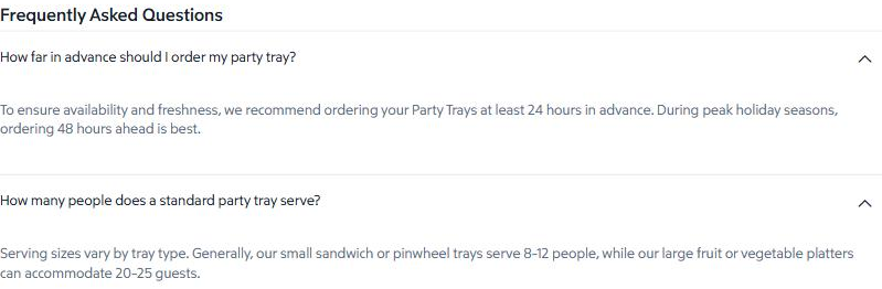 Sam's Club party tray FAQ recommending orders at least 24 hours ahead, 48 hours in peak holiday seasons, and listing serving sizes by tray type