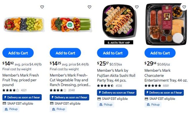 Sam's Club party tray listings with a fresh fruit tray at $14.92, a vegetable tray at $14.25, a 44 piece sushi tray at $25.17 and a charcuterie tray at $29.14